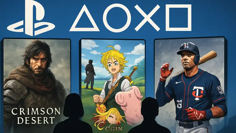 Обложки игр Crimson Desert, The Seven Deadly Sins: Origin и MLB The Show 26 на фоне логотипов PlayStation.