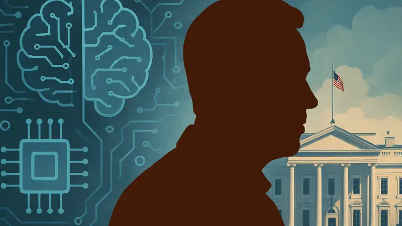 Портрет Дэвида Сакса на фоне абстрактных элементов ИИ и правительственного здания.