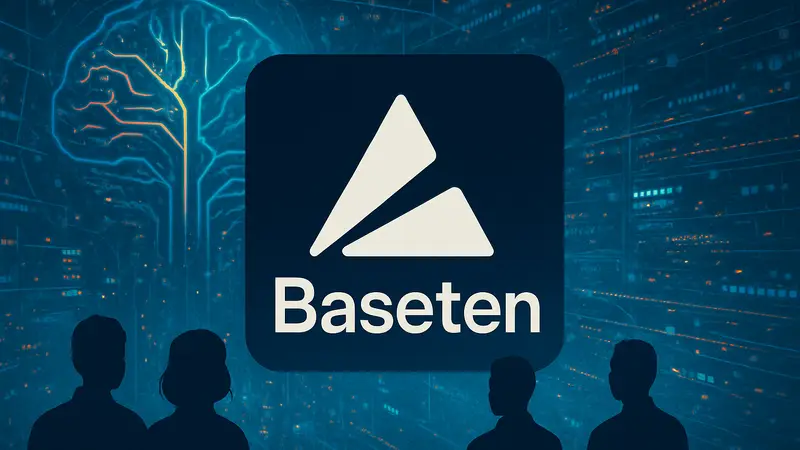 Логотип стартапа Baseten на фоне абстрактного изображения ИИ-технологий и цифровых данных.