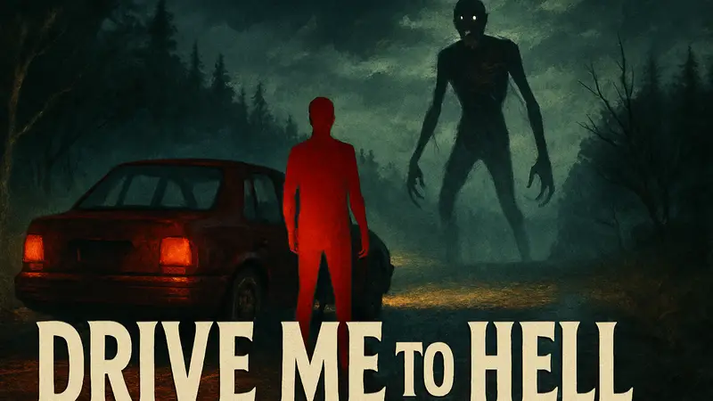 Обложка хоррор игры Drive Me To Hell в стиле PS1