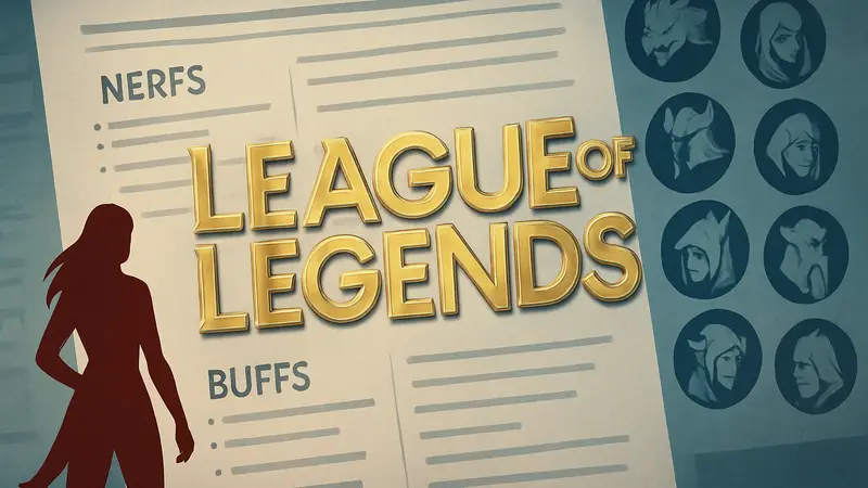 Логотип League of Legends на фоне списка изменений патча и значков чемпионов.