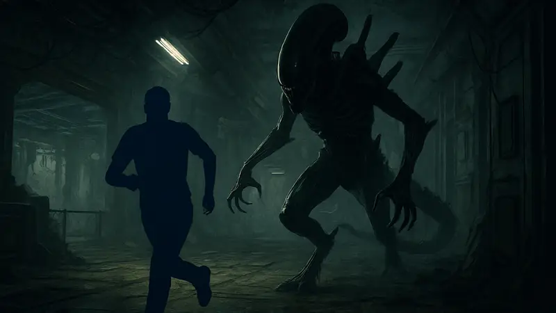 Кадр из Alien: Isolation 2, где ксеноморф преследует игрока в обширной, жуткой среде