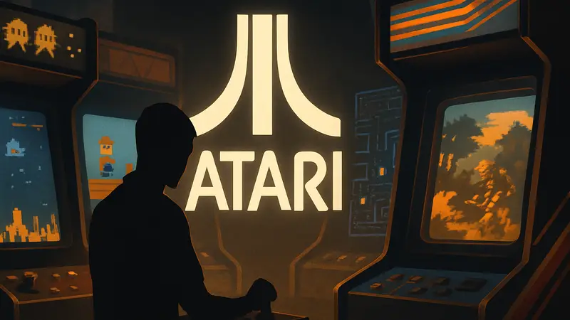 Логотип Atari на фоне старых аркадных игр, символизирующих эмуляцию ретро.