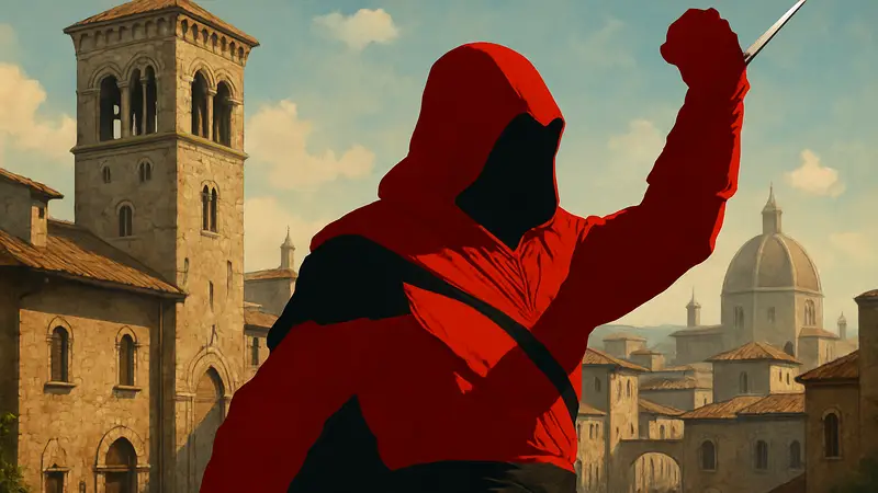 Эцио Аудиторе из Assassin's Creed с поднятым скрытым клинком на фоне средневекового города.