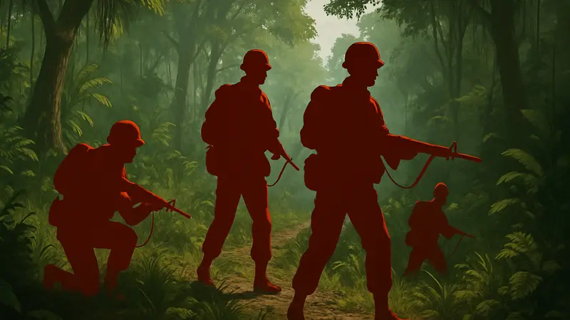 Скриншот из Hell Let Loose: Vietnam с солдатами в джунглях, использующими тактическое снаряжение.