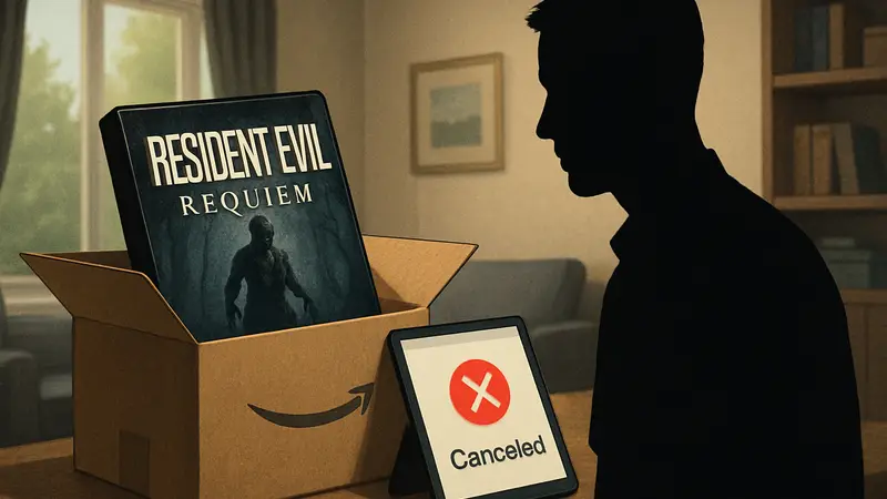 Логотип Resident Evil Requiem на фоне коробки игры, с уведомлением об отмене предзаказа от Amazon.