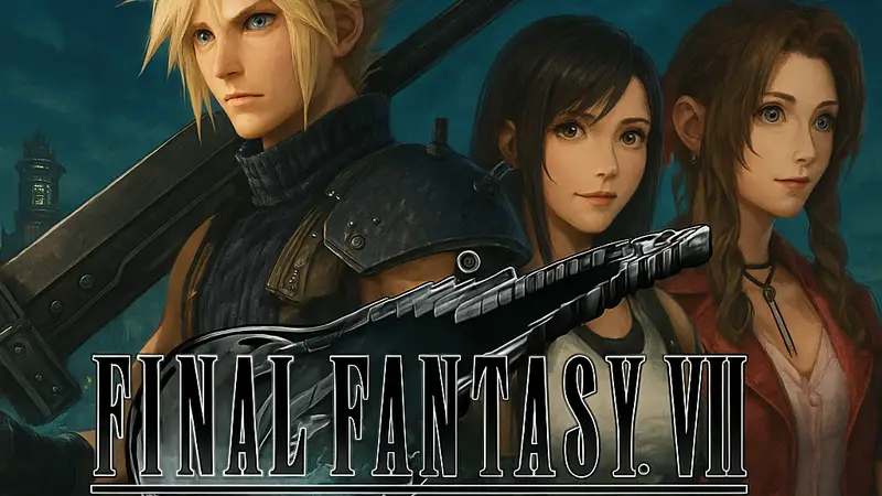 Логотип Final Fantasy 7 Remake Part 3 на фоне главных героев Клауда, Тифы и Аэрис