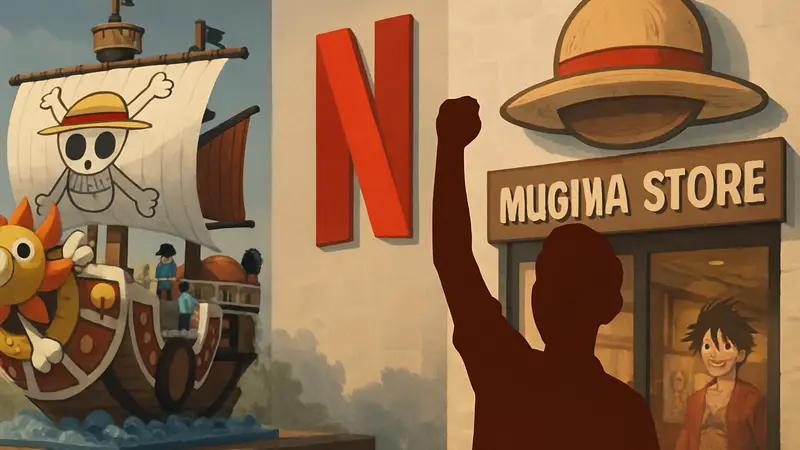 Счастливый фанат One Piece на фоне изображений LEGO, логотипа Netflix и Mugiwara Store, символизирующих успешное лето.