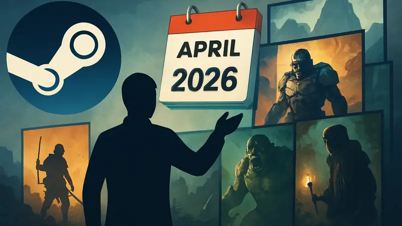 Логотип Steam, календарь с датой Апрель 2026, обложки различных видеоигр, анонс игр Steam.