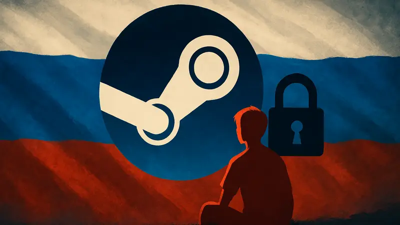 Логотип Steam на фоне российского флага, символизирующий возможную блокировку.
