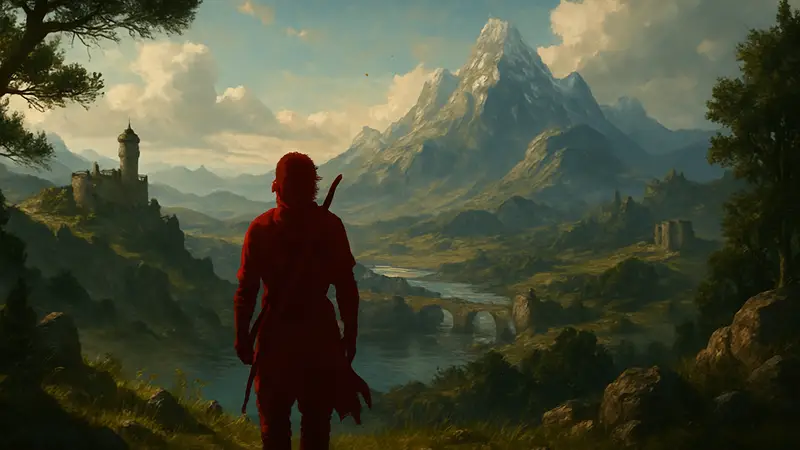 Скриншот из игры Crimson Desert, демонстрирующий главного героя на фоне эпических пейзажей.