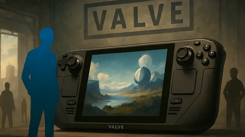 Игровой портативный компьютер Steam Deck, вид спереди, логотип Valve на корпусе.