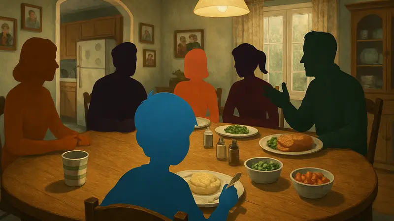 Family Reunion игра симулятор, скриншот геймплея ребенка за столом, инди-игра.