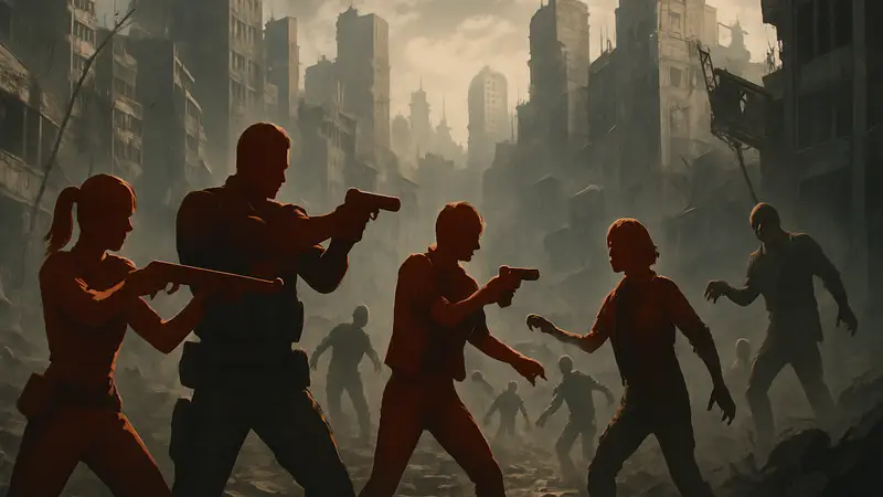 Персонажи Resident Evil Survival Unit сражаются с зомби на фоне разрушенного города.