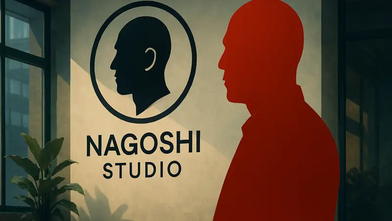 Тошихиро Нагоши, создатель серии Yakuza, на фоне логотипа своей студии Nagoshi Studio.