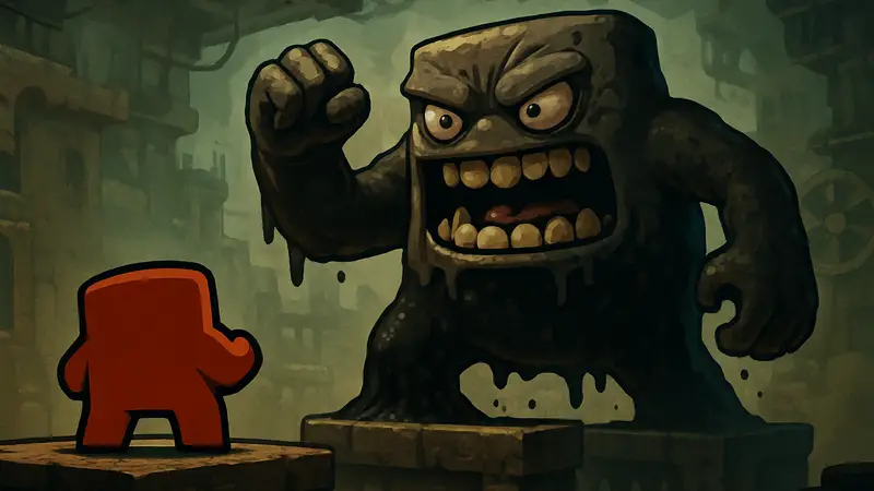 Изображение босса Mr. Filthy из Super Meat Boy 3D, готовящегося к атаке на игровой платформе.