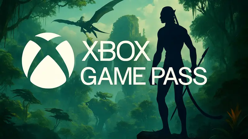 Логотип Xbox Game Pass и элементы из игры Avatar: Frontiers of Pandora на фоне джунглей Пандоры.