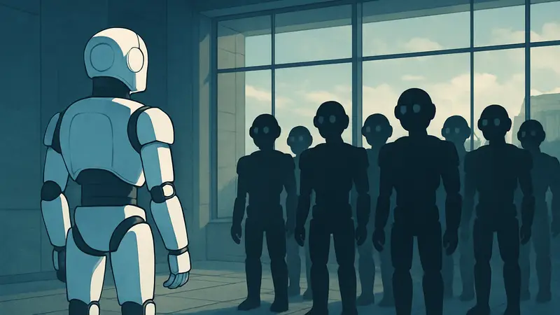 Иллюстрация: одиночный AI-бот против множества ботов, символизирующая эффективность.