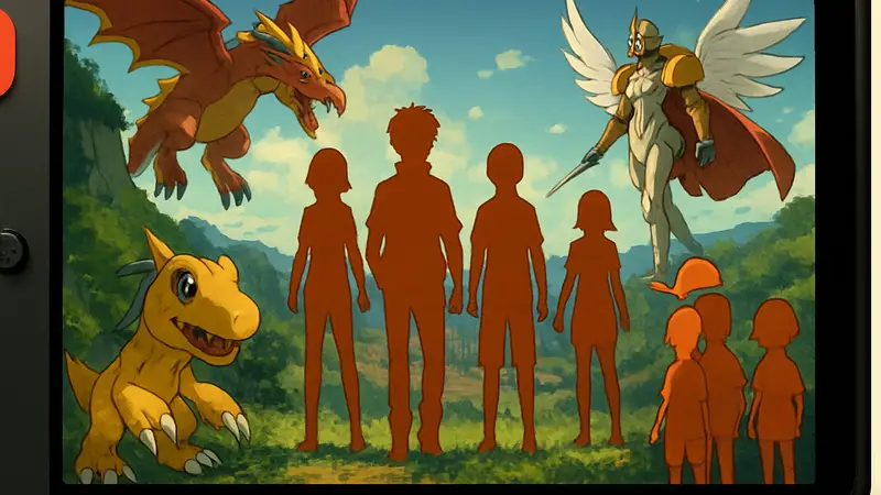 Обложка игры Digimon Story Time Stranger на Nintendo Switch 2 с главными героями и Дигимонами.