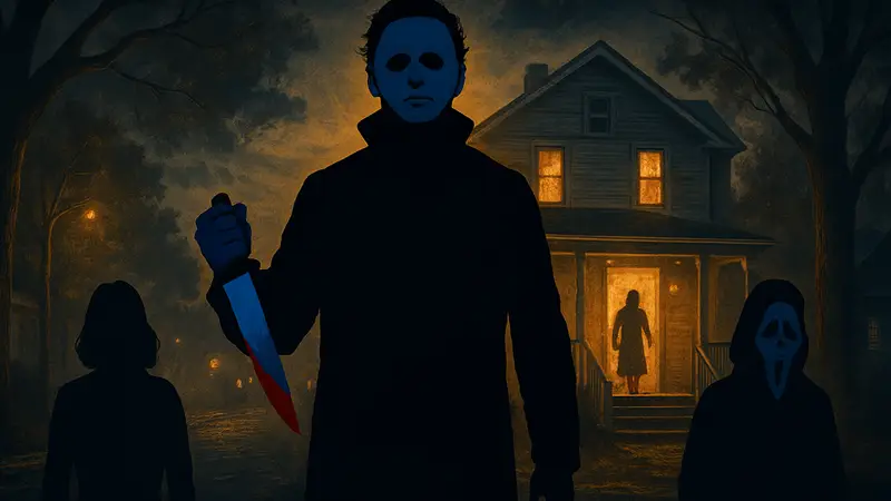 Постер фильма ужасов, символизирующий жанр слэшер. Изображение маньяка или культовой сцены из кино.