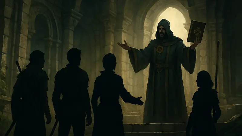 Персонажи Solasta 2 стоят перед жрецом Марайке, предлагающим выбор Завета