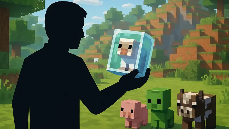 Игрок держит новый предмет в Minecraft, рядом милые детёныши мобов, которые остаются маленькими.