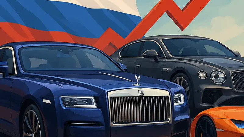 Автомобиль Rolls-Royce рядом с Bentley и Lamborghini, символизирующий рост продаж люксовых иномарок в России в 2025 году.