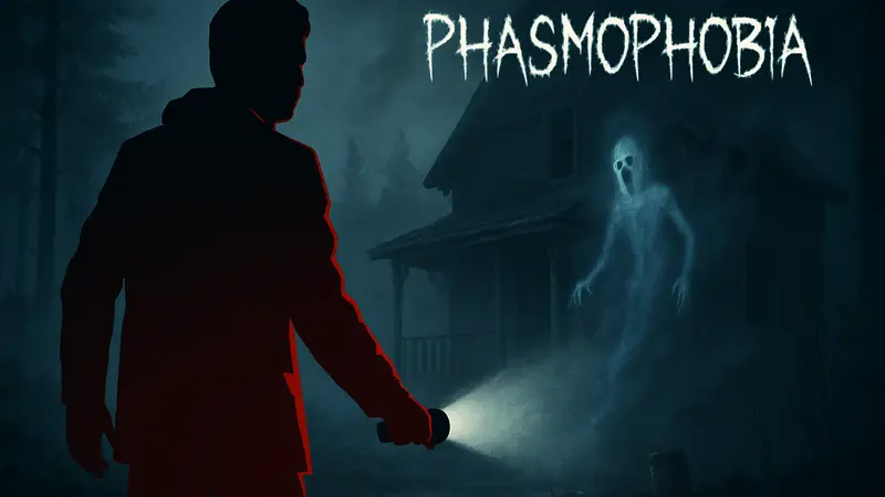 Алан Уэйк из Alan Wake и логотип Phasmophobia на фоне паранормальной активности.