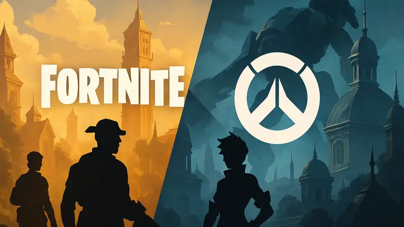 Логотипы Fortnite и Overwatch на фоне пересекающихся игровых миров, символизирующие коллаборацию.