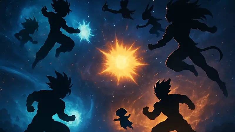 Эпичное сражение персонажей Dragon Ball в космосе, с яркими энергетическими взрывами и аурами