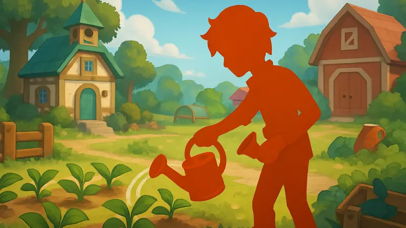 Скриншот или концепт-арт из игры Heartopia, показывающий персонажа, поливающего растения или ремонтирующего лейку.