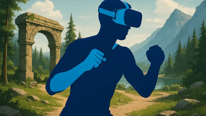 Человек в VR-гарнитуре занимается спортом в виртуальной реальности.