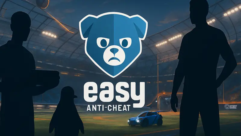Логотип Easy Anti-Cheat на фоне арены Rocket League, показывающий безопасность для Steam Deck и Linux.