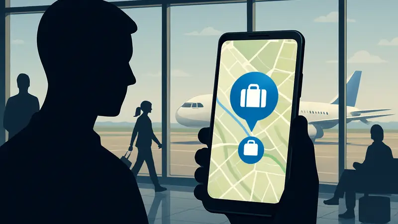 Смартфон Android с картой, показывающей местоположение потерянного багажа с использованием трекера.