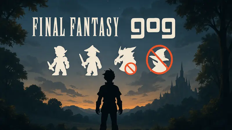 Логотип Final Fantasy и GOG, а также иконки четырех классических игр серии без DRM.
