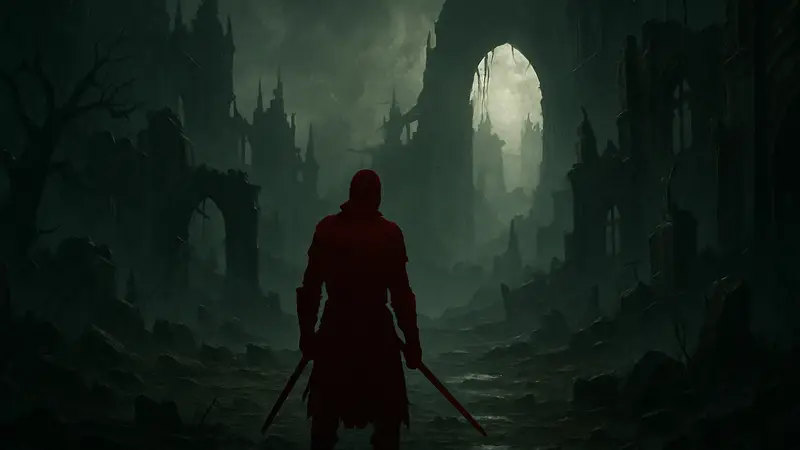 Кадр из игры Memoria Wake, демонстрирующий мрачный мир и главного героя.