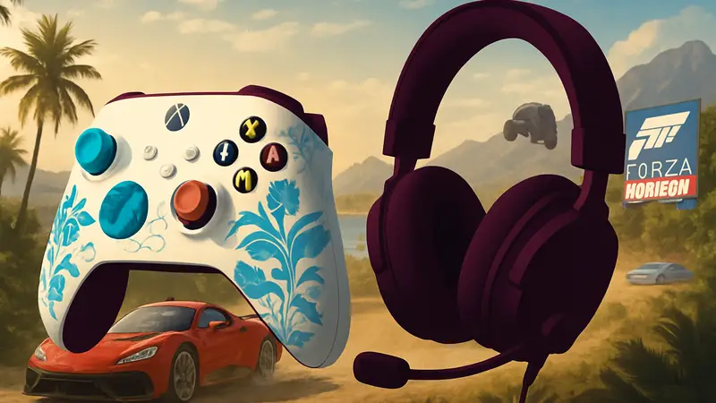 Тематический контроллер и игровая гарнитура для Forza Horizon 6, демонстрирующие дизайн игры.