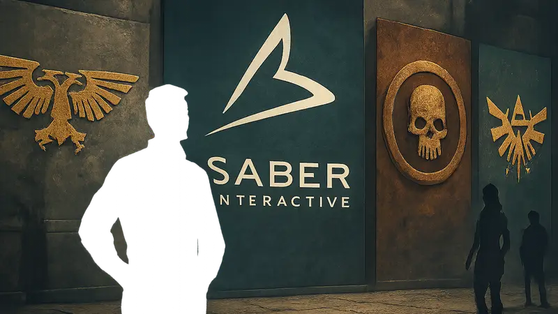 Логотип Saber Interactive на фоне символики Space Marine 2 и новых игровых лицензий
