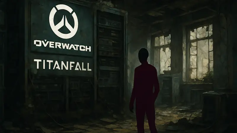 Логотипы игр Overwatch и Titanfall на фоне заброшенного игрового сервера.