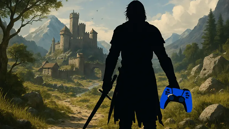 Игровой мир Crimson Desert, персонаж исследует открытые локации на PS5 Pro.