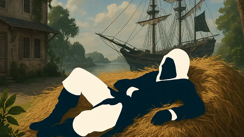 Эдвард Кенуэй из Assassin's Creed Black Flag Resynced, лежащий в стоге сена