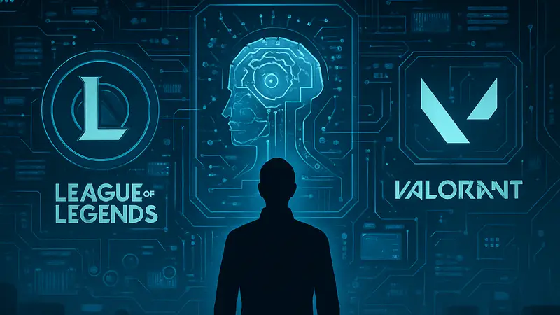 Генеративный ИИ Riot Games: LoL, Valorant. Футуристический интерфейс с элементами ИИ и логотипами игр.