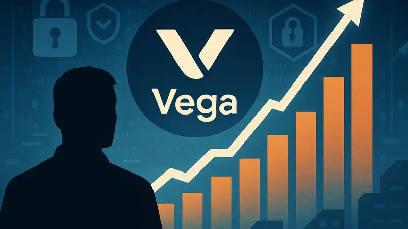 Логотип Vega Security на фоне графиков роста и символов кибербезопасности, отражающих крупные инвестиции и инновации.