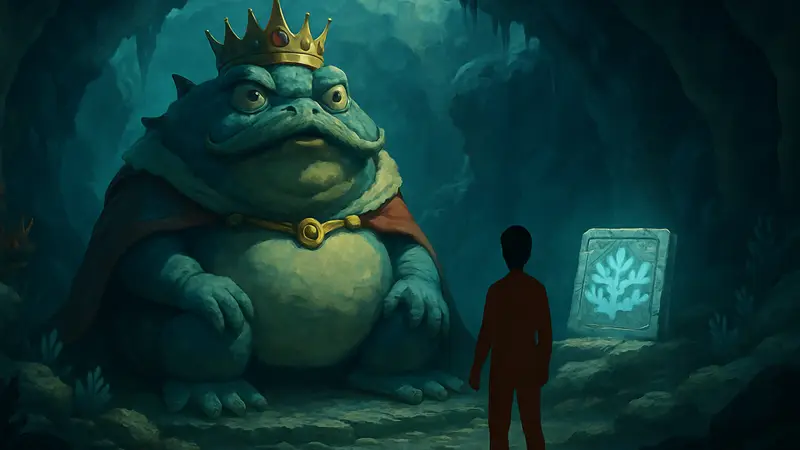 Король Скубер из Dragon Quest 7 Reimagined и фрагмент планшета в пещере