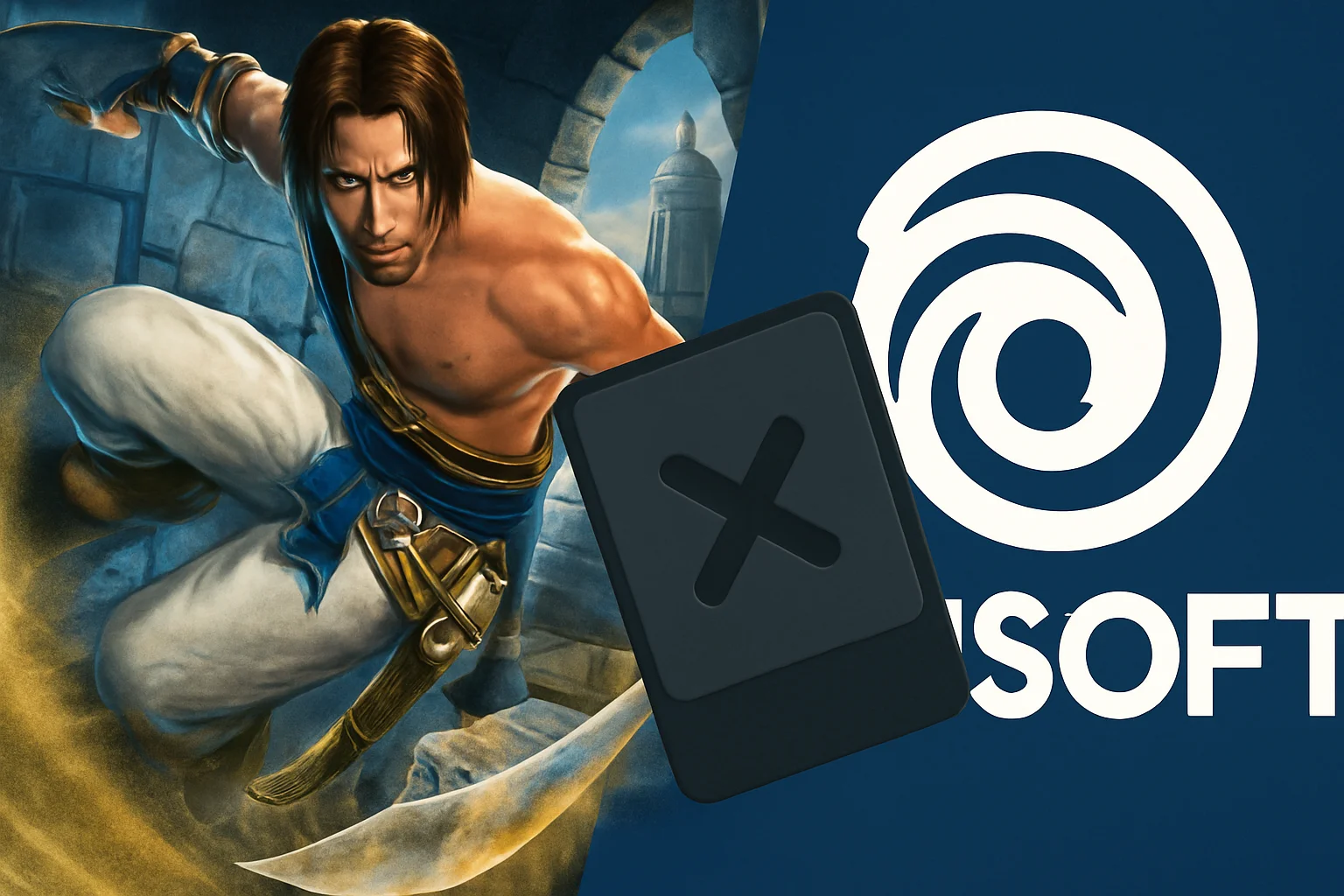 Обложка игры Prince of Persia The Sands of Time, анонс отмены ремейка Ubisoft на фоне логотипа компании.