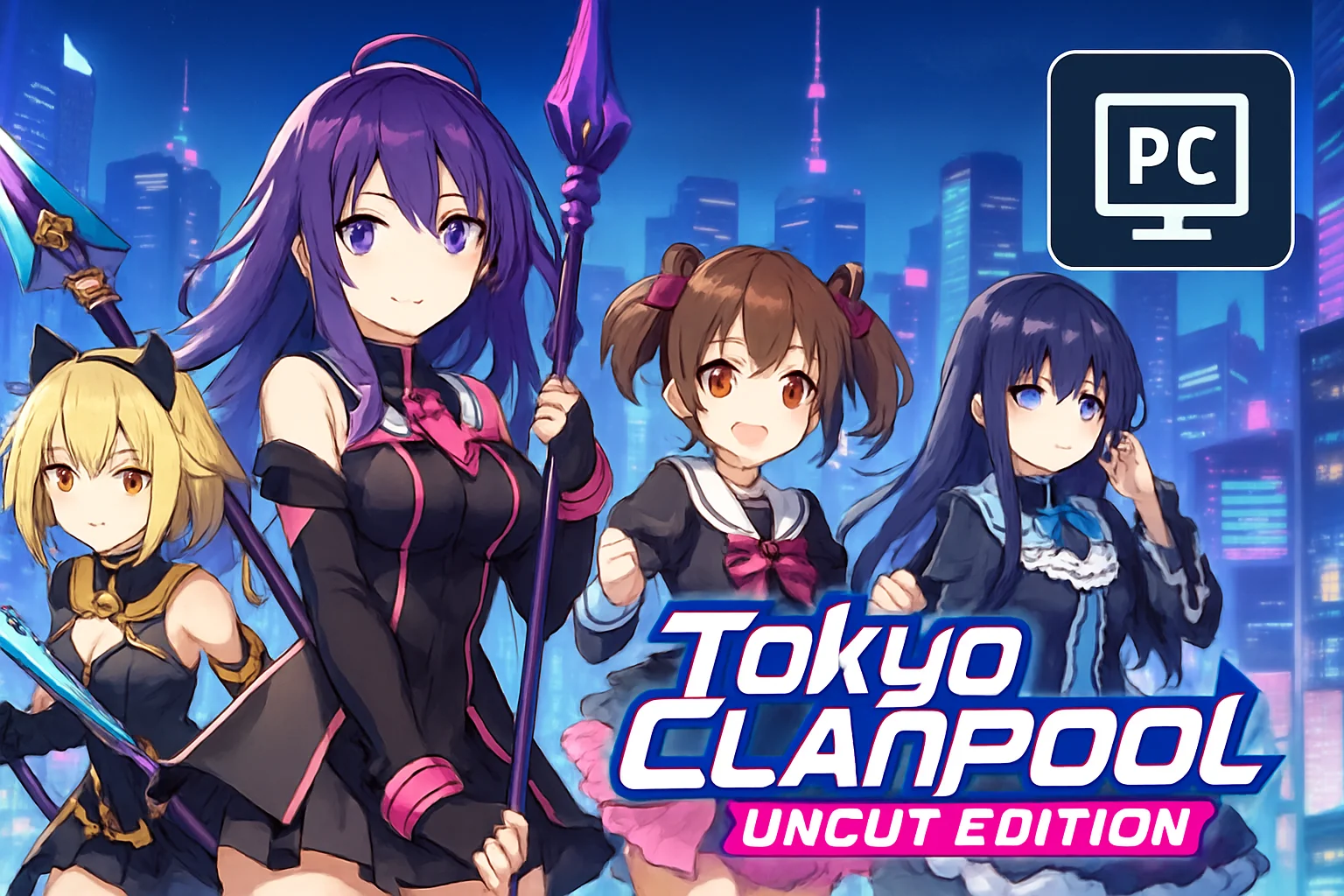 Обложка игры Tokyo Clanpool Uncut Edition, с персонажами в ярком аниме-стиле на фоне городского пейзажа, анонс ПК версии.