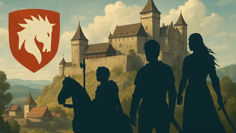 Логотип Warhorse Studios и персонажи из Kingdom Come Deliverance 2, на фоне замка