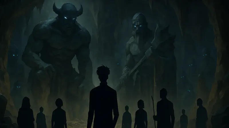 Концепт-арт аниме Solo Leveling, изображающий сцену из арки Double Dungeon