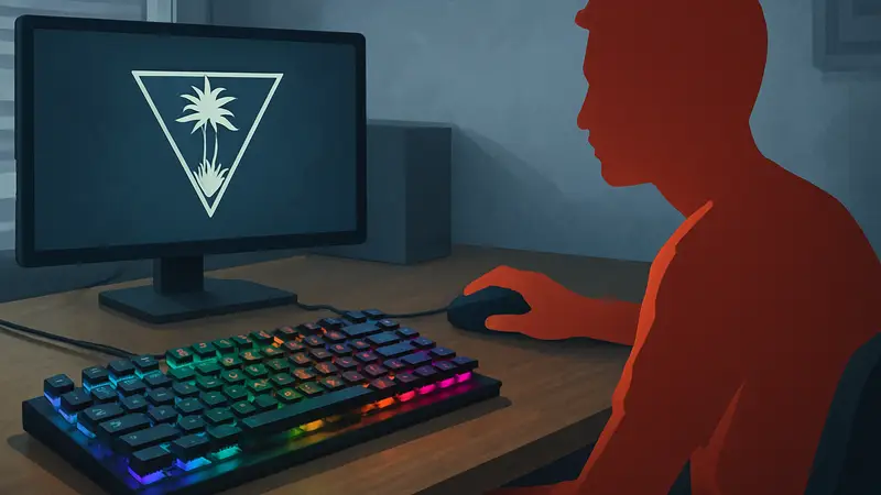 Игровая клавиатура Turtle Beach Vulcan II TKL с подсветкой на столе, рядом с мышкой для гейминга.