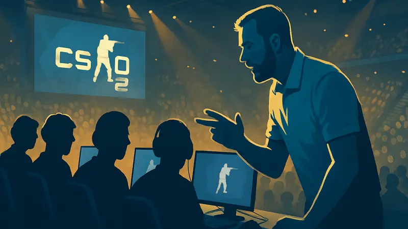 Тренер Zonic на киберспортивном турнире по CS2, обсуждает стратегию команды Vitality.